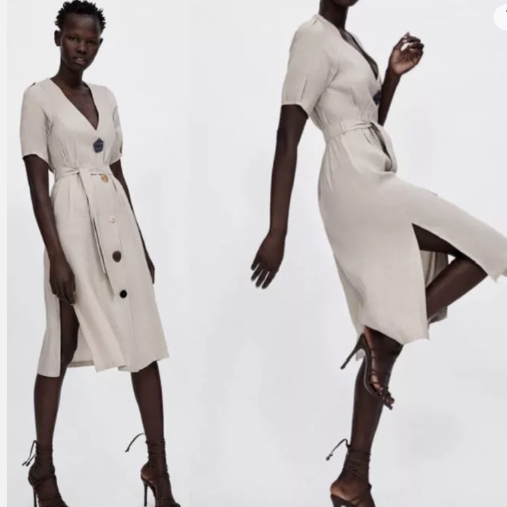 Zara Tan Linen Belted Dress